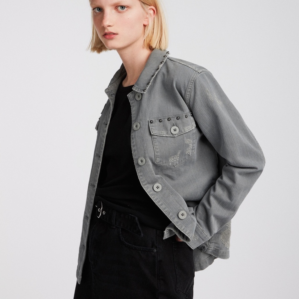 ALLSAINTS Studded Denim Shirt Jacket Gray 100% Cotton Size Medium